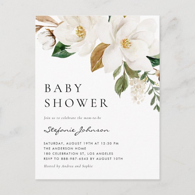 Invitation Carte Postale Aquarelle blanc Magnolia Baby shower rustique (Devant)