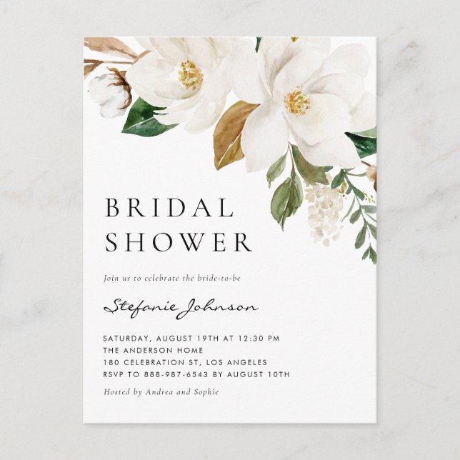 Invitation Carte Postale Aquarelle blanc Magnolia Fête des mariées rustique (Devant)