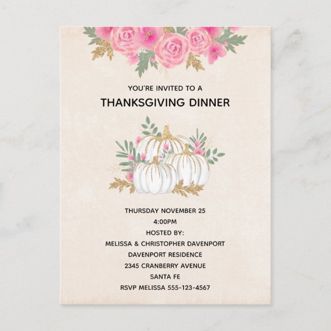 Invitation Carte Postale Aquarelle blanche et or Citrouille Thankesgiving (Devant)