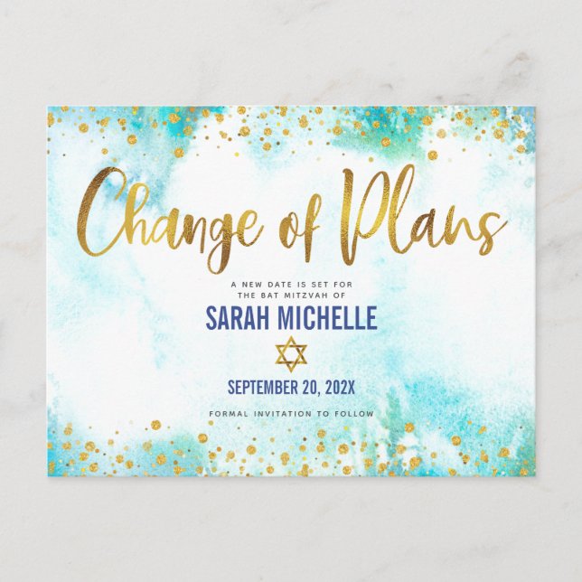 Invitation Carte Postale Aquarelle bleue bat mitzvah reportée Parties scint (Devant)