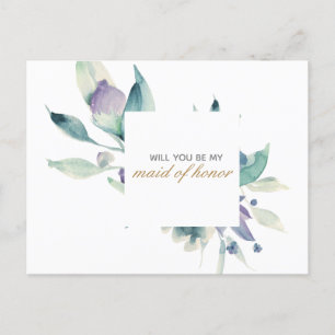 Invitation Carte Postale Aquarelle bleue Rose Floral Maid of Honor