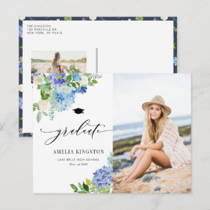 Invitation Carte Postale Aquarelle Blue Hydrangea Floral Photo Graduation