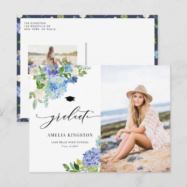 Invitation Carte Postale Aquarelle Blue Hydrangea Floral Photo Graduation (Devant / Derrière)