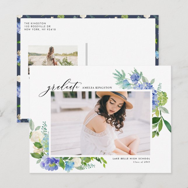 Invitation Carte Postale Aquarelle Blue Hydrangea Frame Photo Graduation (Devant / Derrière)