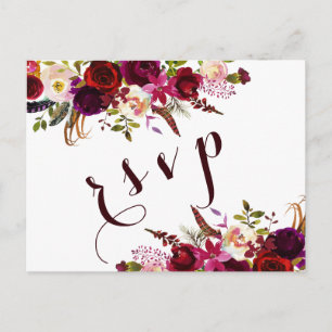 Invitation Carte Postale Aquarelle Bourgogne Florale Mariage d'automne RSVP