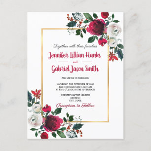 Invitation Carte Postale Aquarelle Bourgogne rose cadre or floral mariage