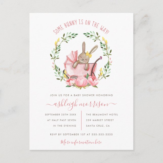 Invitation Carte Postale Aquarelle Bunny Spring Wreath Girl's Baby shower (Devant)