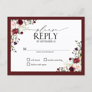Invitation Carte Postale Aquarelle Burgundy Blush Mariage Floral RSVP Invi