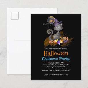 Invitation Carte Postale Aquarelle Chat noir avec bonbons, Halloween