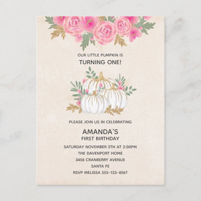 Invitation Carte Postale Aquarelle Citrouille blanche et or Anniversaire (Devant)