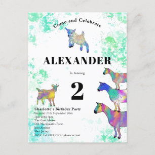 Invitation Carte Postale Aquarelle colorée Chèvres fête d'anniversaire