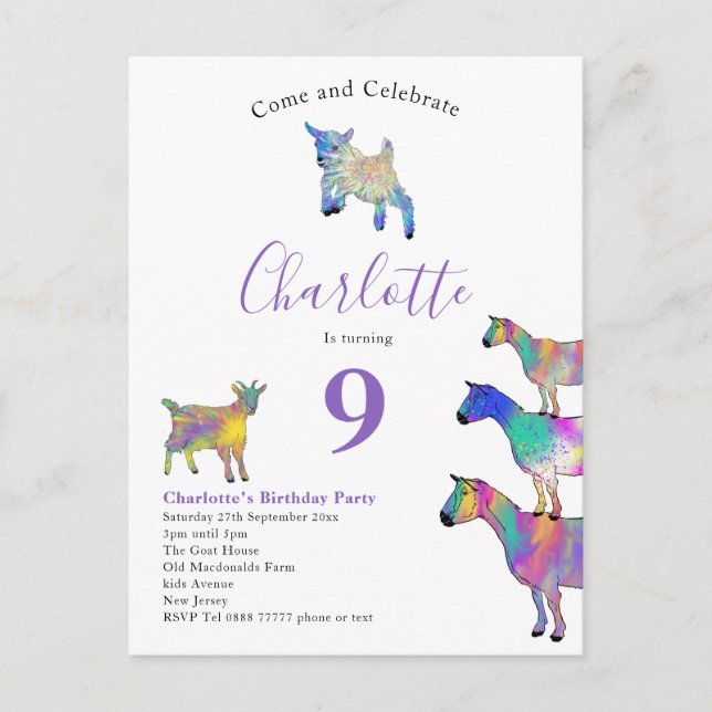 Invitation Carte Postale Aquarelle de chèvre fête d'anniversaire violet (Devant)