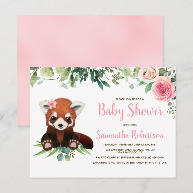 Invitation Carte Postale Aquarelle de l'ours mignonne Baby shower floral ro (Devant / Derrière)