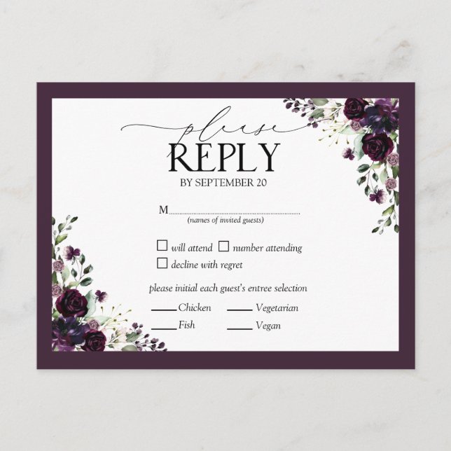 Invitation Carte Postale Aquarelle de prune mauve-mauve Mariage floral RSVP (Devant)