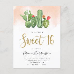 Invitation Carte Postale Aquarelle et cactus doux moderne Blush 16