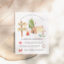 Aquarelle Été Camping Filles Fête d'anniversaire