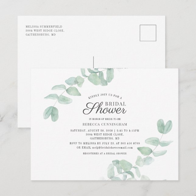 Invitation Carte Postale Aquarelle Eucalyptus Fête des mariées verte (Devant / Derrière)