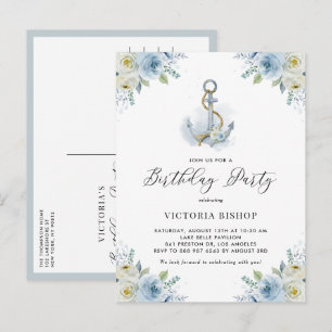 Invitation Carte Postale Aquarelle Fleurie Bleue Ancre Naissance Maritime
