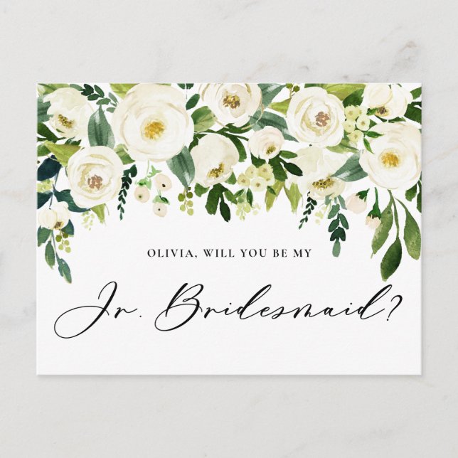 Invitation Carte Postale Aquarelle Fleurs blanches Jr. Bridesmaid Propositi (Devant)