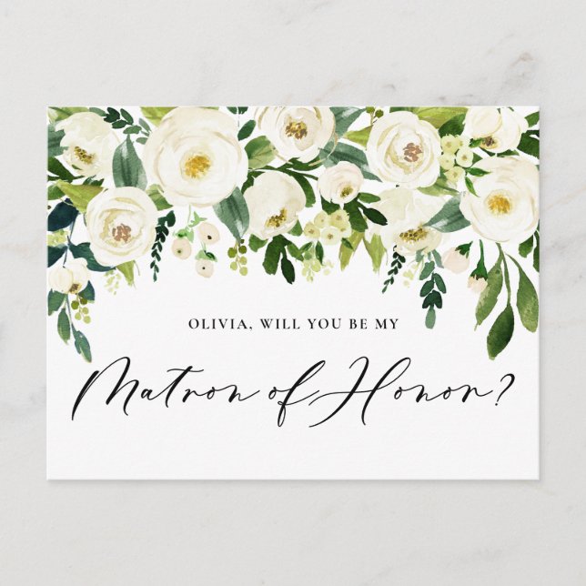 Invitation Carte Postale Aquarelle Fleurs blanches Matron d'honneur Proposi (Devant)