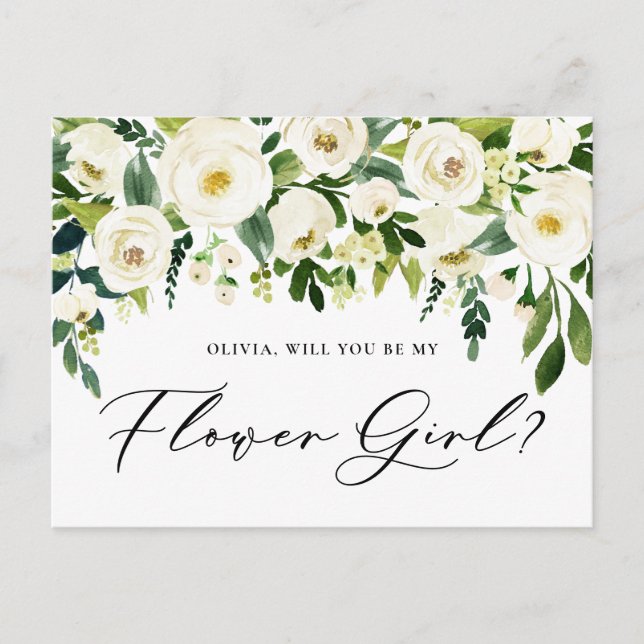 Invitation Carte Postale Aquarelle Fleurs blanches Proposition Fleur fille (Devant)
