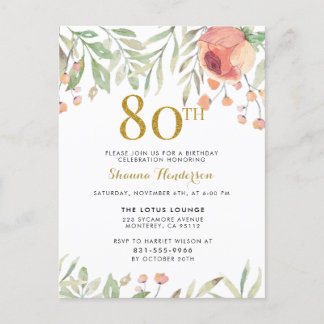 Invitation Carte Postale Aquarelle Floral Gold Parties scintillant 80e fête