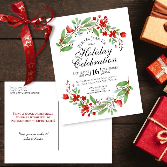Invitation Carte Postale Aquarelle Floral Jolie fête de Noël (In Situ Front/Back)