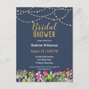 Invitation Carte Postale Aquarelle Floral or String Fête des mariées