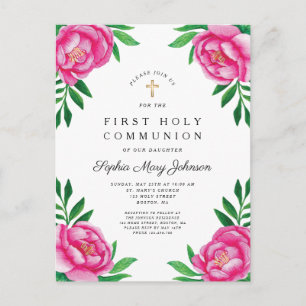 Invitation Carte Postale Aquarelle florale Peonies roses Première communion