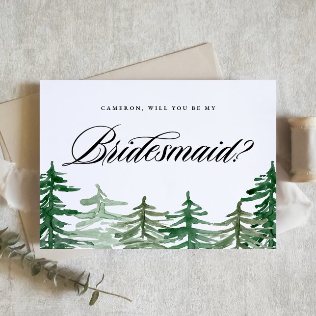 Invitation Carte Postale Aquarelle Forêt Serez-Vous Mon Bridesmad (Customizable woodland Will You Be My Bridesmaid card featuring watercolor enchanted forest.)