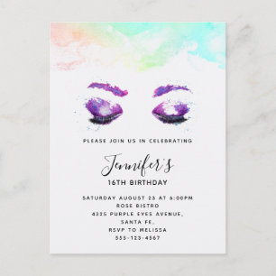 Invitation Carte Postale Aquarelle glamour aux yeux et aux bouillons pourpr