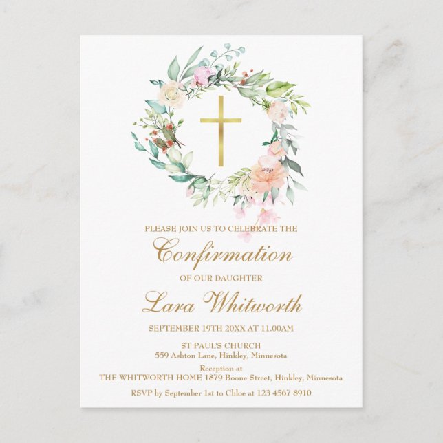 Invitation Carte Postale Aquarelle Gold Cross Confirmation Florale (Devant)