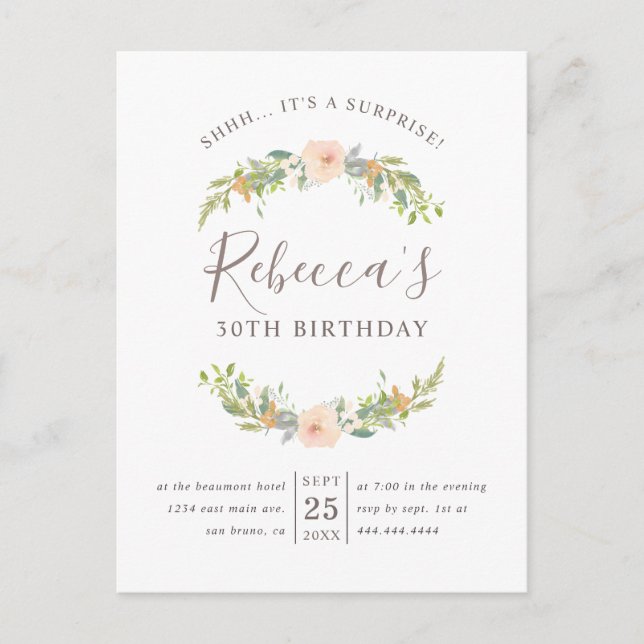 Invitation Carte Postale Aquarelle gracieuse Ressort Wreath Surprise Party (Devant)