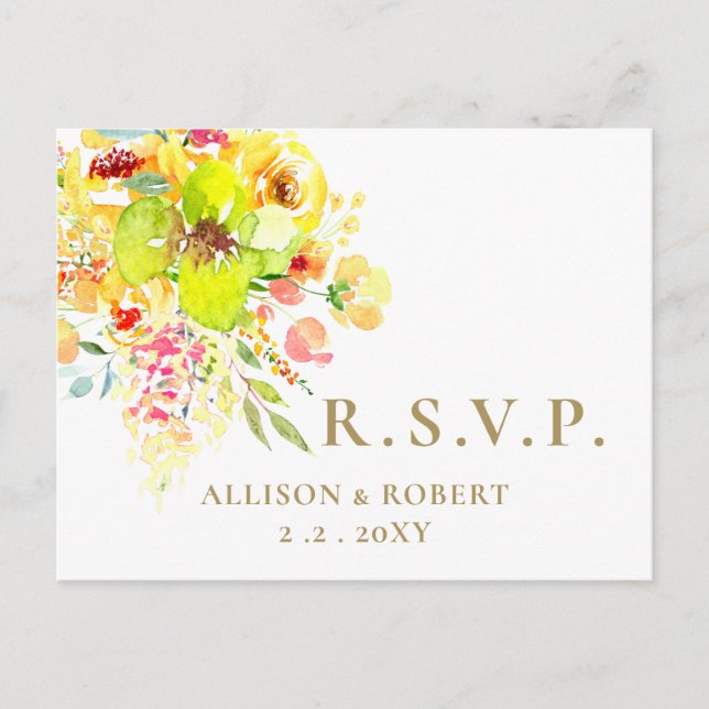 Invitation Carte Postale Aquarelle Jaune Floral Mariage rustique RSVP (Devant)