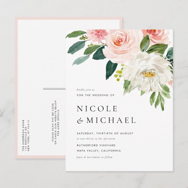 Invitation Carte Postale Aquarelle Jolie Fleurs de Jardin QR Code Mariage (Devant / Derrière)