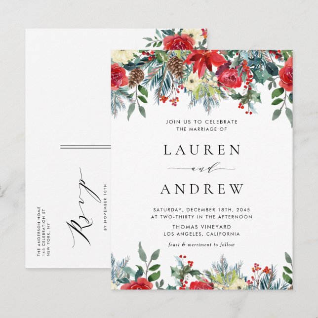 Invitation Carte Postale Aquarelle L'hiver fleurit Garland Floral Mariage (Devant / Derrière)