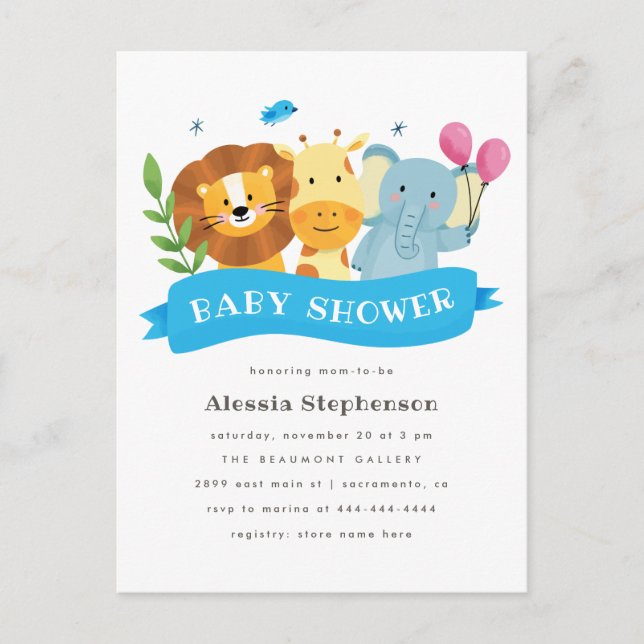 Invitation Carte Postale Aquarelle mignonne Safari Animaux Baby shower garç (Devant)