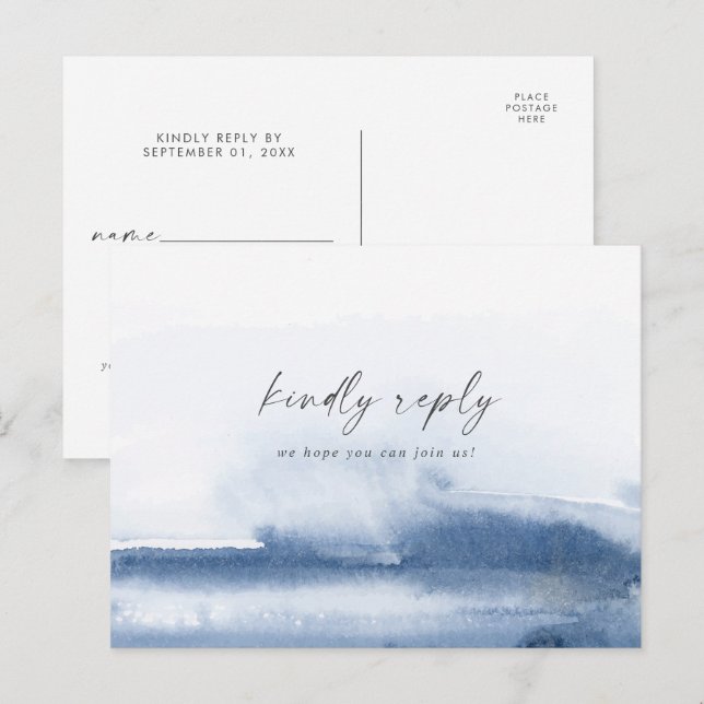 Invitation Carte Postale Aquarelle moderne bleu demande de chanson RSVP Pos (Devant / Derrière)