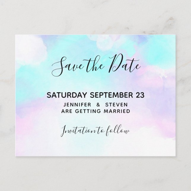 Invitation Carte Postale Aquarelle moderne bleu & violet Enregistrer la dat (Devant)