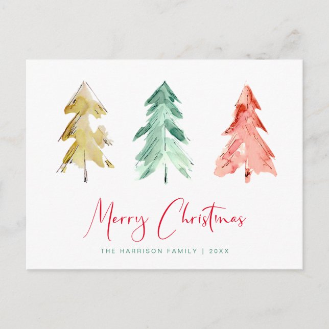 Invitation Carte Postale Aquarelle moderne minimale Arbres de Noël (Devant)