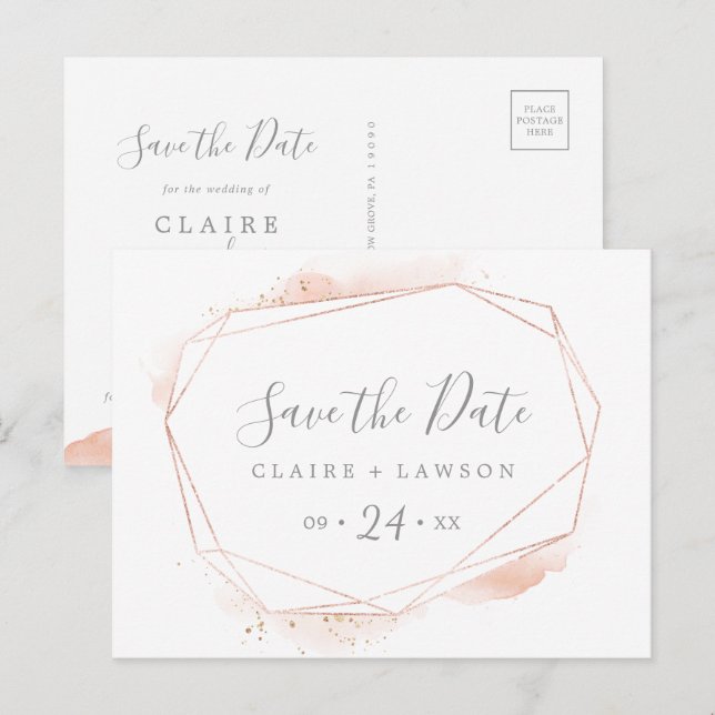 Invitation Carte Postale Aquarelle or rose Géométrique Enregistrer la date (Devant / Derrière)