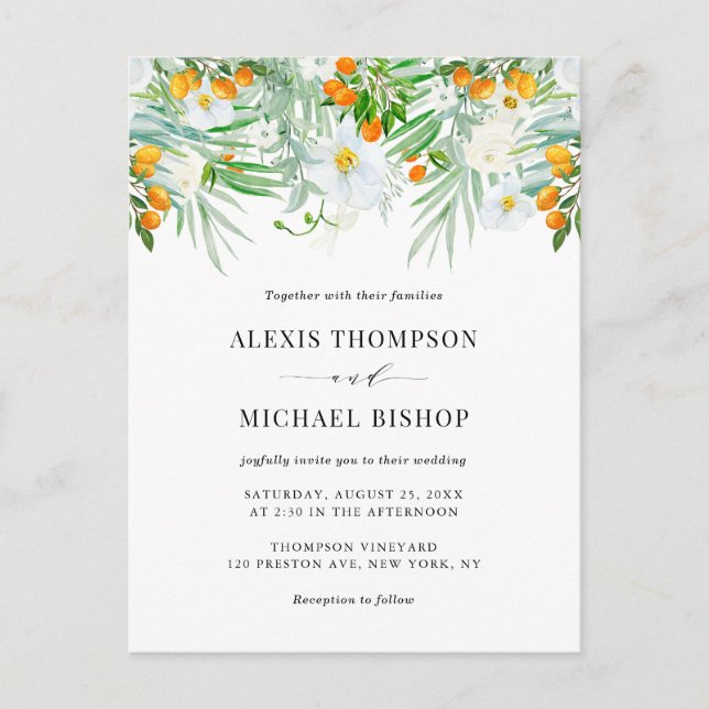 Invitation Carte Postale Aquarelle Orchidées et Kumquats Mariage tropical (Devant)