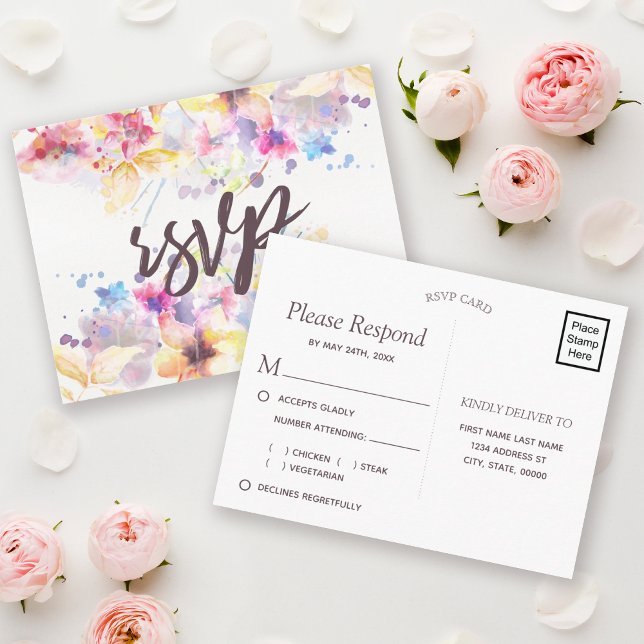 Invitation Carte Postale Aquarelle Pastel Floral | Choix du repas RSVP (Créateur téléchargé)