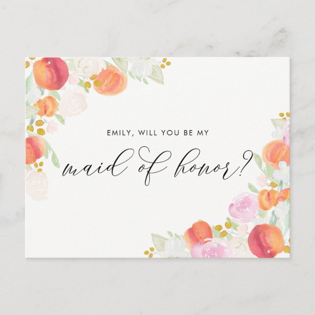Invitation Carte Postale Aquarelle Peaches et fleurs Soyez ma femme d'honne (Devant)
