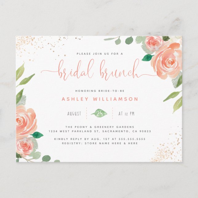 Invitation Carte Postale Aquarelle Peonies Eucalyptus Fête des mariées Brun (Devant)