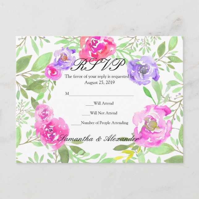 Invitation Carte Postale Aquarelle Peony rose vert Mariage (Devant)