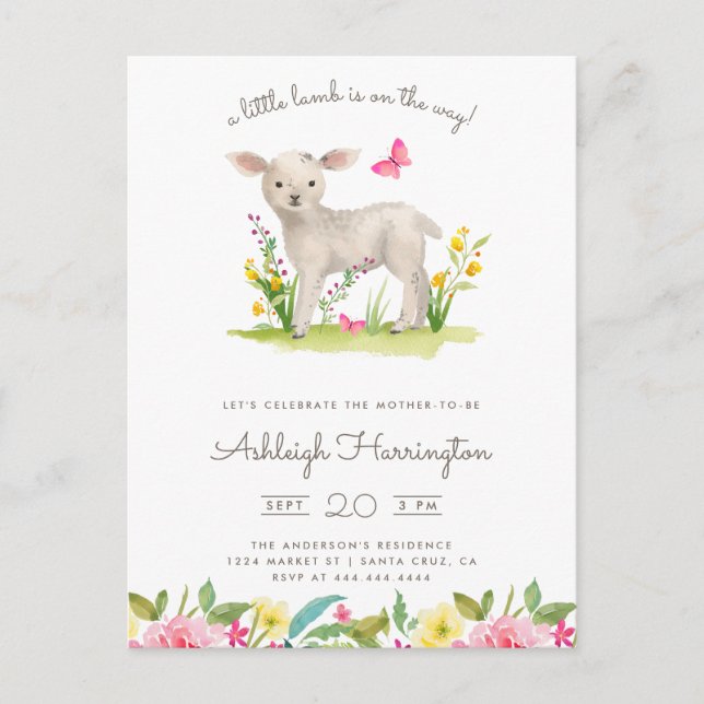 Invitation Carte Postale Aquarelle Petit agneau Ressort Baby shower (Devant)