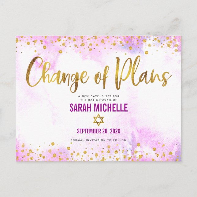 Invitation Carte Postale Aquarelle rose bat mitzvah reportée Parties scinti (Devant)