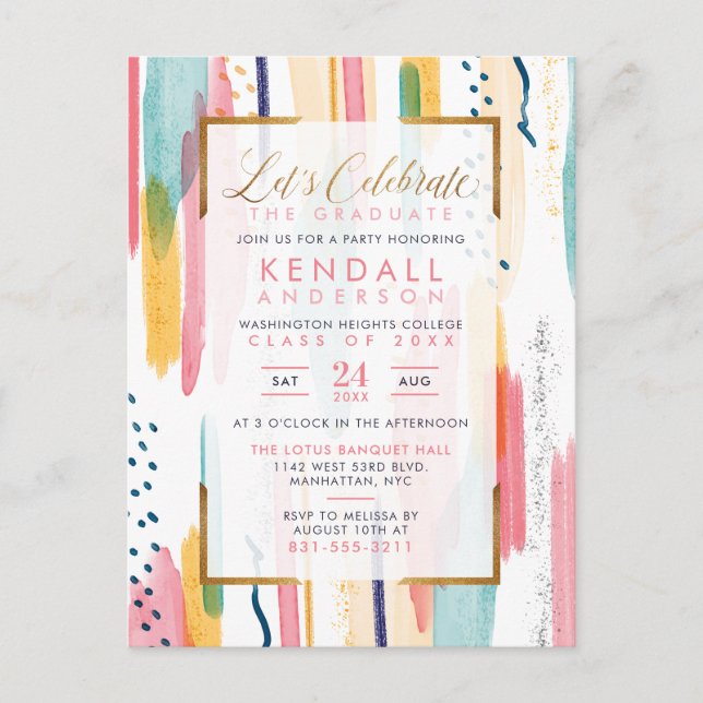 Invitation Carte Postale Aquarelle rose cool Memphis Graduation artistique (Devant)
