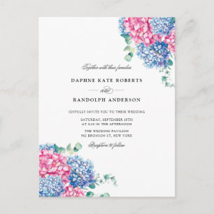 Invitation Carte Postale Aquarelle rose et bleu Hydrangeas mariage RSVP